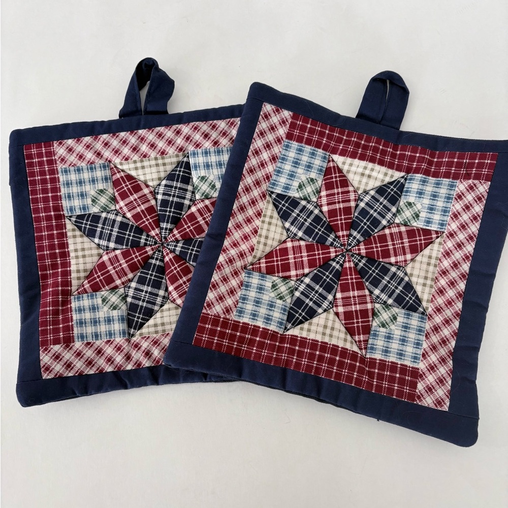 NEW Handmade Quilted Star 2 ct Pot Holders Blue Red White 9x9” Granny Farm Cabin